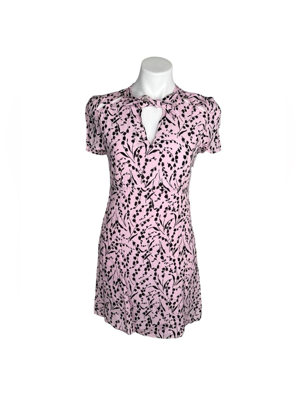 Maje silk floral dress pink black size 2 bow front mini spring summer dress